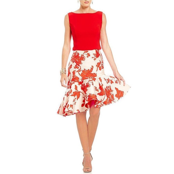 Eva Franco Red Floral Jacquard Skirt Asymmetrical - Picture 2 of 2